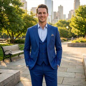 New 2026 Mens 3pc Nailhead Blue Suit Set, Hybrid Fit